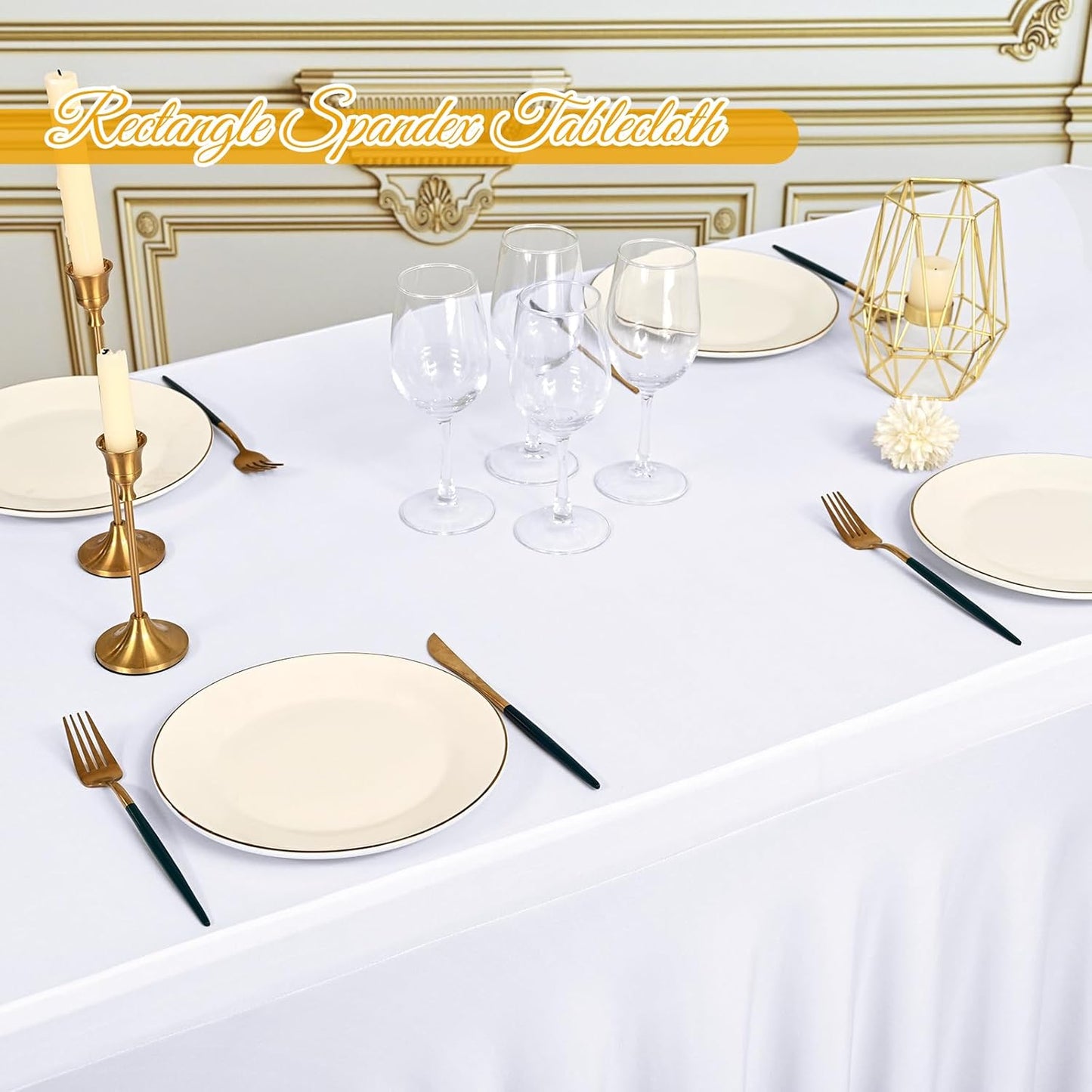 4 Pack 6Ft Spandex Table Skirts Fitted White Stretch Tablecloth, One-Piece Wrinkle-Resistant Ruffles Design Table Cover and Skirt for Wedding Party Banquet Event Trade Show