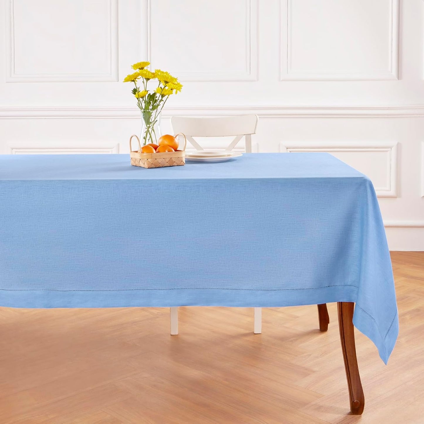 Solino Home Linen Cornflower Blue Tablecloth 52 x 52 Inch - 100% Pure Linen Square Table Throw - Classic Hemstitch, Machine Washable Table Cloth for Christmas, Holiday