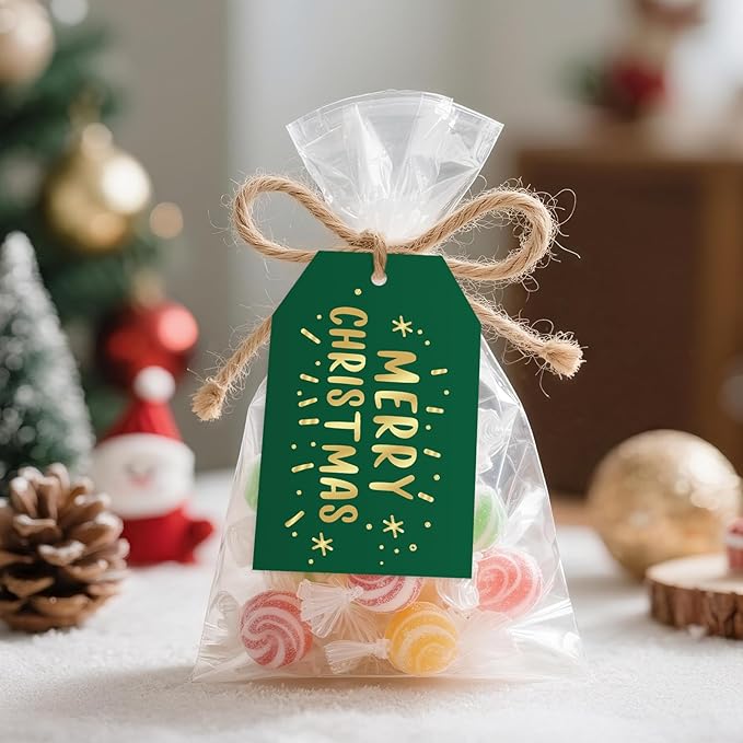 Anwyll Christmas Gift Tags with String - 50Pcs Gold and Green Merry Christmas Tags for Gifts Xmas Gift Tag Happy Holidays Hang Paper Label Tag for Present Wrapping Treat Goodie Bag Holiday Party Favor