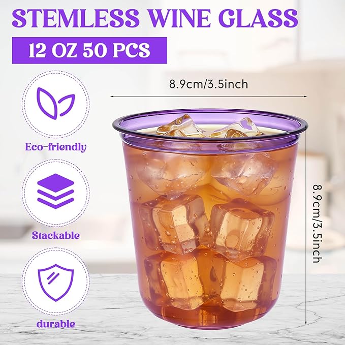 Disposable Stemless Glasses 12oz Crystal Plastic Wine Glasses Clear Classic Pet Cup for Meeting Weddings Birthdays Cocktail Christmas Party Supplies (Purple,50 Pcs)