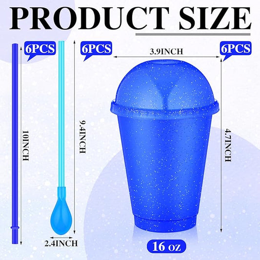 6 Set Slushie Cups with Dome Lids and Straws Detachable Spoon Straws Reusable Plastic Iced Coffee Cups Smoothie Tumbler for Birthdays Summer Party Supplies(Blue,16 oz)