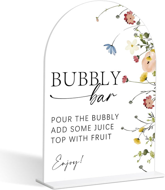 Bubbly Bar Sign, Flower Style Bubbly Bridal Shower Sign for Wedding, Engagement, Bridal Shower and Reception, Bridal Shower Decorations, Wedding Shower Favors, 6X8 Inch Acrylic Arch Sign with Stand,28