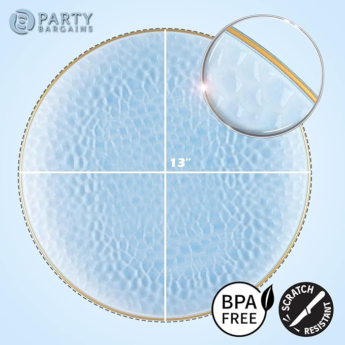 PARTY BARGAINS 13-Inch Charger Plates - 4 Pack, Hammered Blue Gold Rim, Heavy-Duty Disposable Chargers for Elegant Dining - Ideal for Weddings and Formal Events