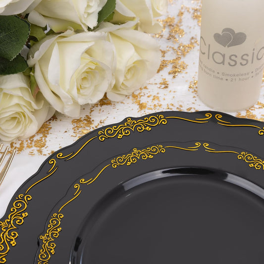 DaYammi 150Pcs Black Gold Plastic Plates & Plastic Silverware,Black Disposable Plates for Party Include 30 Dinner Plate,30 Dessert Plate,30 Knives,30 Forks,30 Spoons,black plates for New Year Wedding