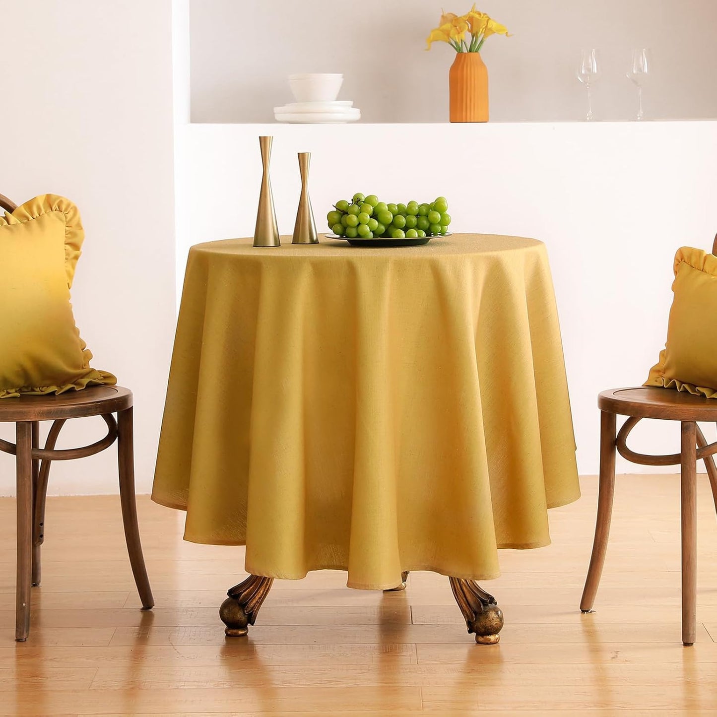 ISAENNE Yellow Tablecloth for Round Tables,Linen Table Cloth Solid Color Plain Simplicity,Heavy Durable Table Cover for Dining Kitchen Decor Party Banquet, Diameter 55"