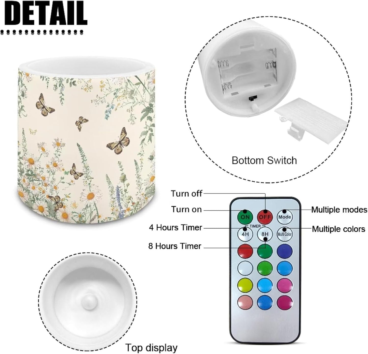 Poceacles Remote Control LED Candles Set of 4 Battery Powered Flameless Candles with Multi-Color Lighting Options, Timer Function, for Indoor Outdoor Decor, Butterfly Daisy Floral Cream White