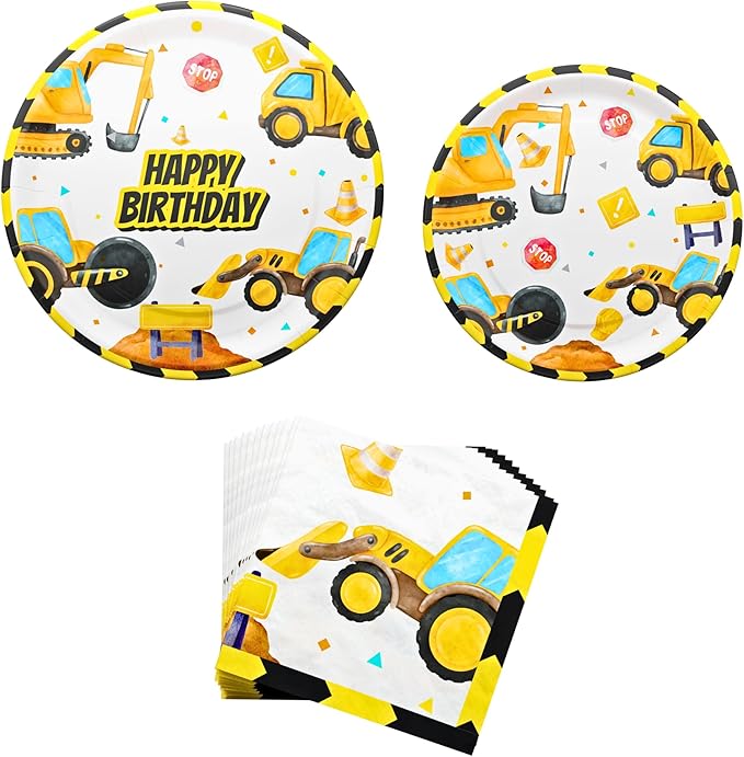 Blue Orchards Construction Plates and Napkins (52 Pieces for 16 Guests) - Construction Birthday Party, Construction Decorations, Excavator Party, Plates and Napkins, Construction Theme Party