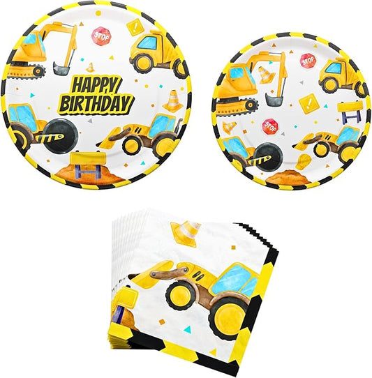 Blue Orchards Construction Plates and Napkins (52 Pieces for 16 Guests) - Construction Birthday Party, Construction Decorations, Excavator Party, Plates and Napkins, Construction Theme Party