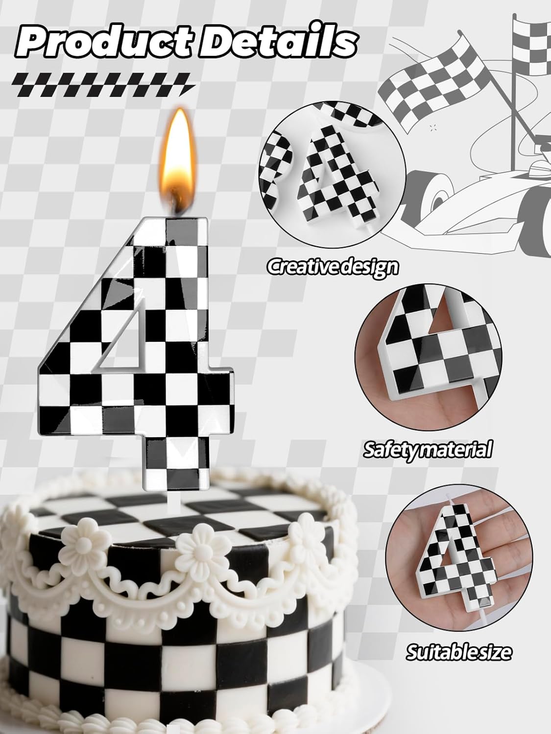 Number 4 Racing Cars Birthday Candles,2.68 Inch Black White Checkered Birthday Number Candles, Cool Racing Themed Number Candles for Boys and Girls, Kids Race Car Themed Party Decorations Supplies