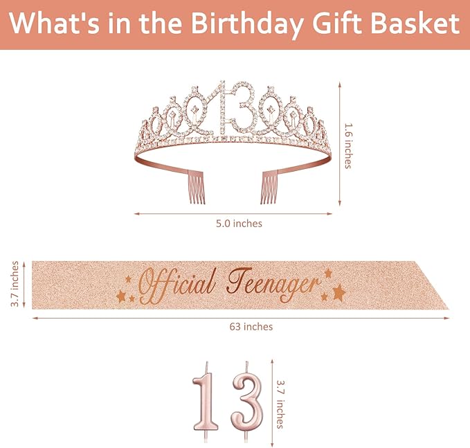 13th Birthday Decorations for Girls with Rose Gold Sash, Tiara,Numbers Candles, Sincere 13th Birthday Gifts for Girls