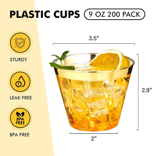 RACETOP 9 oz Clear Disposable Plastic Cups with Gold Rim [200 Pack], Gold Rimmed Plastic Cups Tumblers, Heavy-duty Party Glasses, Disposable Cups
