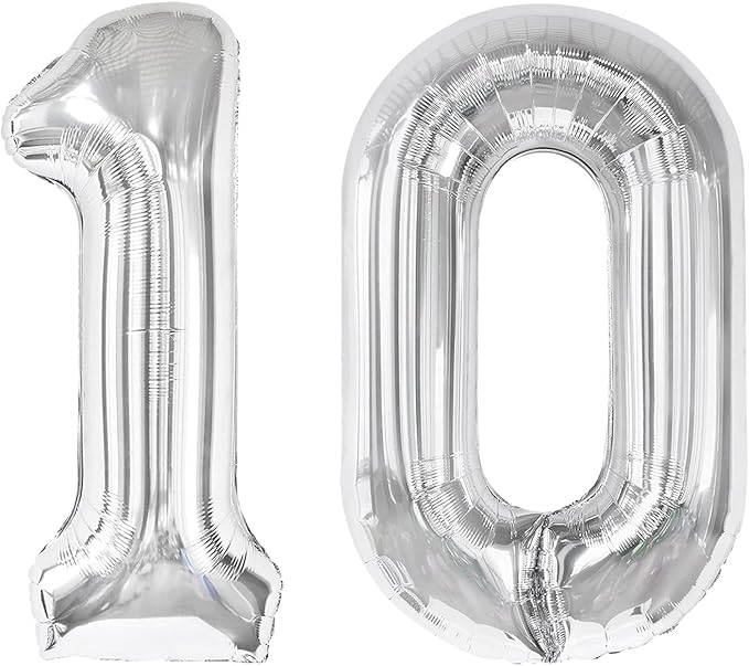 Silver Number 10 Balloon 40 inch, 10 Number Balloons, 10th Silver Birthday Decorations for Girls Boys Kids, 10 Year Old Silver Party Supplies