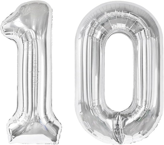 Silver Number 10 Balloon 40 inch, 10 Number Balloons, 10th Silver Birthday Decorations for Girls Boys Kids, 10 Year Old Silver Party Supplies