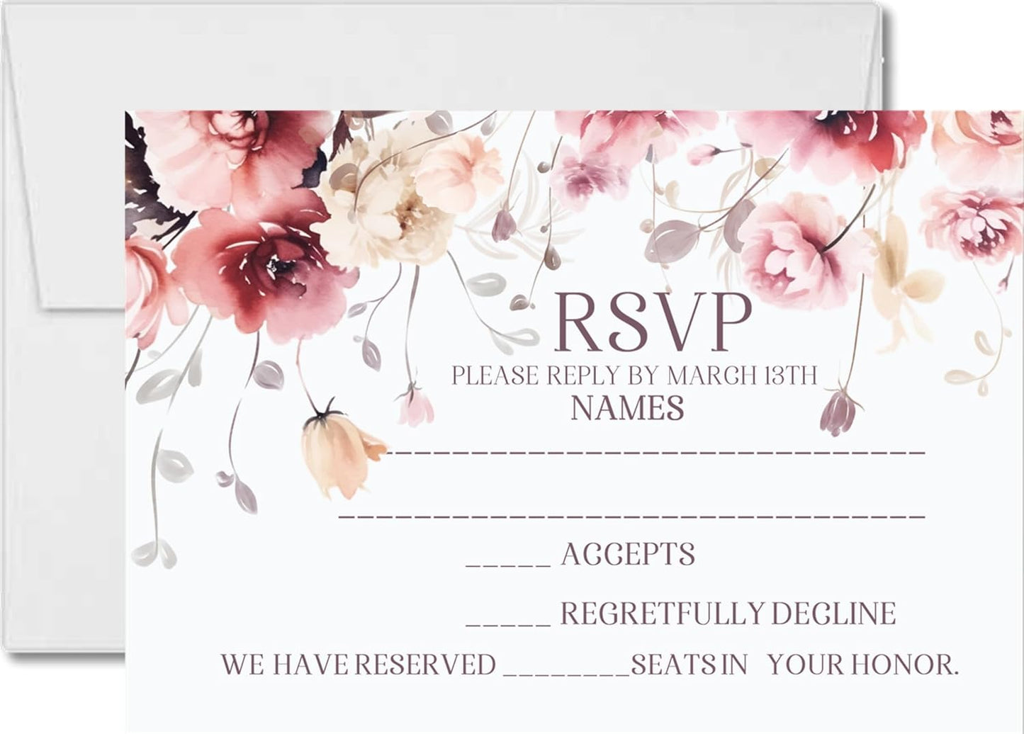 Burgundy & Pink Wildflower Wedding Invitations, Garden Floral, Personalized, Set of 12 Invitations with Envelopes