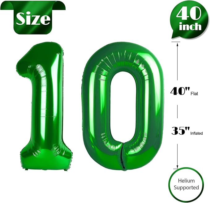 Dark Green Number 10 Balloon 40 Inch, 10th Birthday Party Decorations for Children, Giant 10 Foil Balloon for Party Supplies