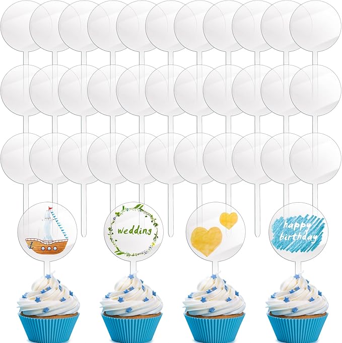 Yulejo 48 Pcs 2 Inch Blank Cupcake Toppers Sticks DIY Circle Clear Cupcake Picks Make Your Own Mini Cake Topper Sticks for Birthday Wedding Baby Shower Festival