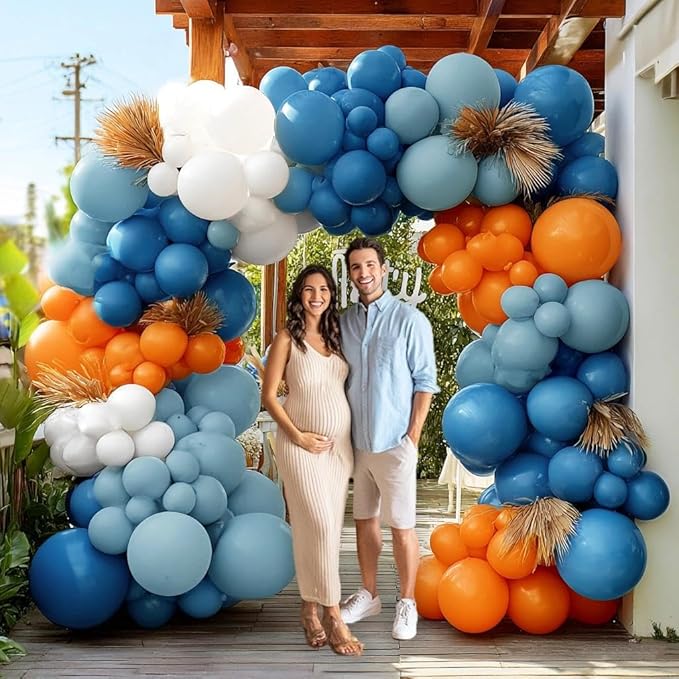 Dusty Blue Orange Balloon Arch, Double Stuffed Burnt Orange Blue White Balloon Garland Kit Dark Teal Latex Balloons for Birthday Baby Shower Bridal Shower Wedding Boho Gender Reveal Party Decor