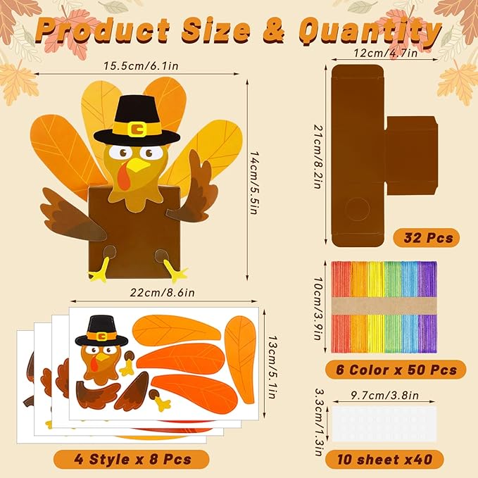 FULAIERGD 32 Set Fall Thankful Turkey Craft Kit - Fall DIY Turkey Paper Boxes Thanksgiving Turkey Jar Craft Gratitude Prayer Turkey Jar Christian Party Favor for Fall Activities Home Party Supplies