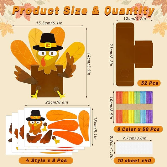FULAIERGD 32 Set Fall Thankful Turkey Craft Kit - Fall DIY Turkey Paper Boxes Thanksgiving Turkey Jar Craft Gratitude Prayer Turkey Jar Christian Party Favor for Fall Activities Home Party Supplies