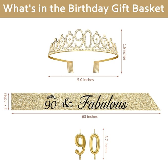 90th Birthday Decorations for Women Gold, Birthday Sash and Tiara, Gold Number 90 Candles, 90th Gifts for Women