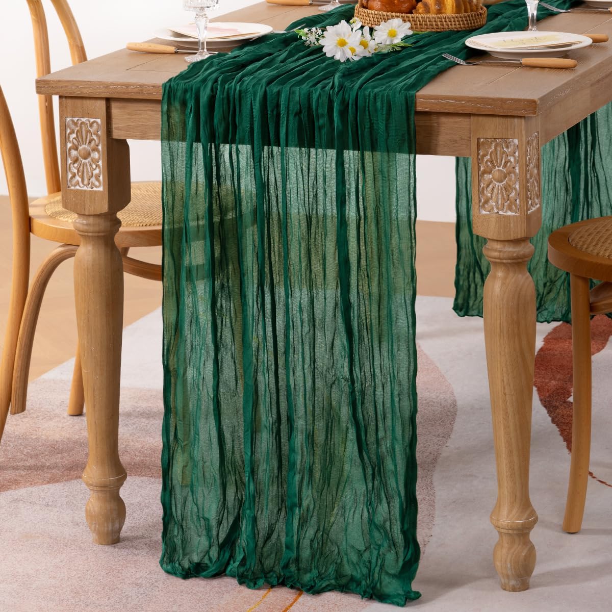 MLMC 3 Pack Emerald Green Cheesecloth Table Runner Boho Dark Green Cheese Cloth Table Runner 10ft Sheer Gauze Fall Cheesecloth Decorations for Wedding Home Party Decor