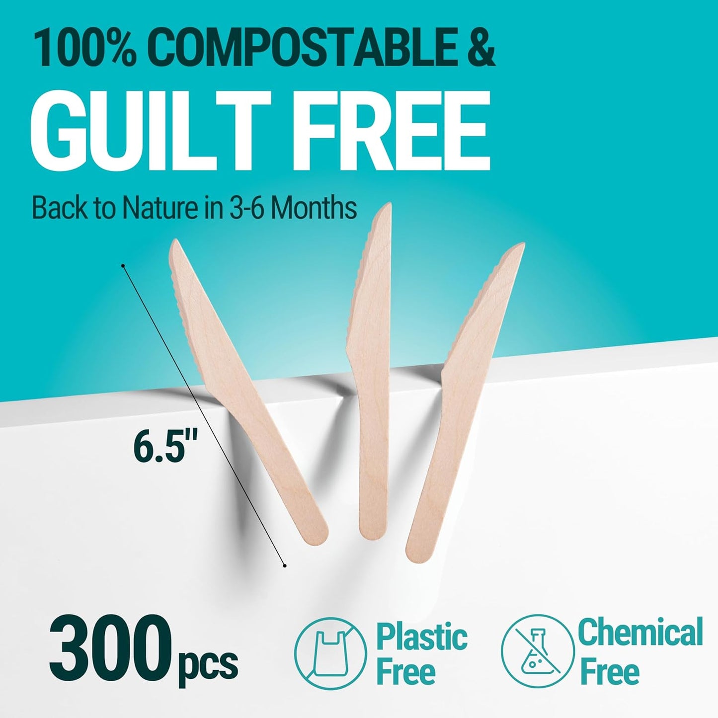 Disposable Wooden Knives - 300pcs - Heavy Duty & Extra Sharpened - Our Guilt-Free FSC Certified Wood Protects Forests - A Great Alternative to Bamboo Knives