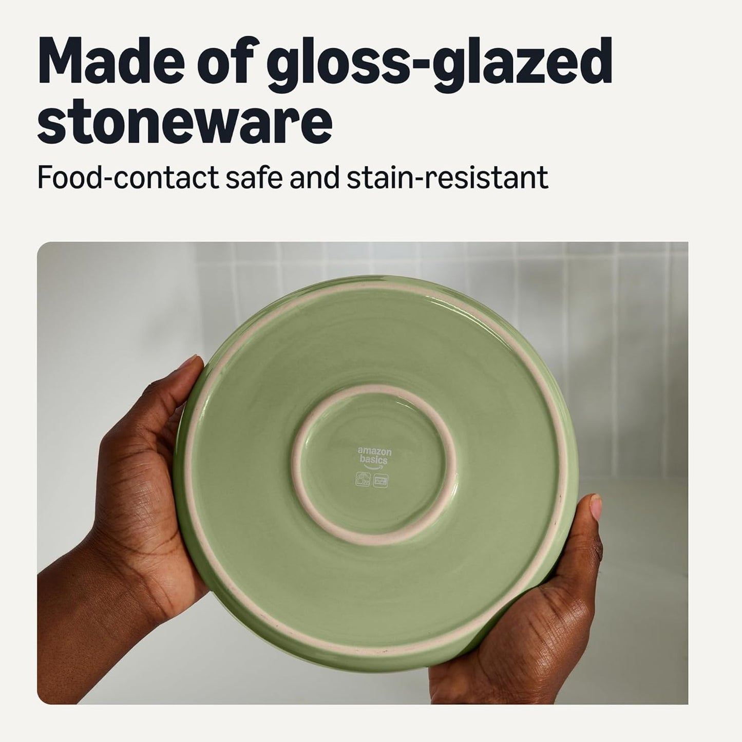 Amazon Basics Glazed Stoneware Dinnerware, 12-Piece Set, 4 Full Place Settings, Dishwasher-Safe, Olive