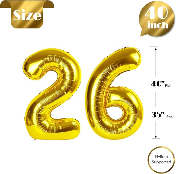 Gold Number 26 Balloon 40 inch, 26 Number Balloons, 26th Gold Birthday Decorations, 26 Year Old Women Men Golden Party Supplies