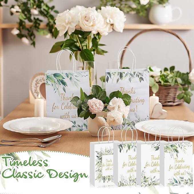 Colarr 24 Pcs Greenery Thank You Gift Bags Bulk 4 Design with Handles Wedding Thank You Baby Shower Favor Paper Bags for Wedding Birthday Favors Graduation Party Gifts 6.3 x 3.1 x 8.7 Inches