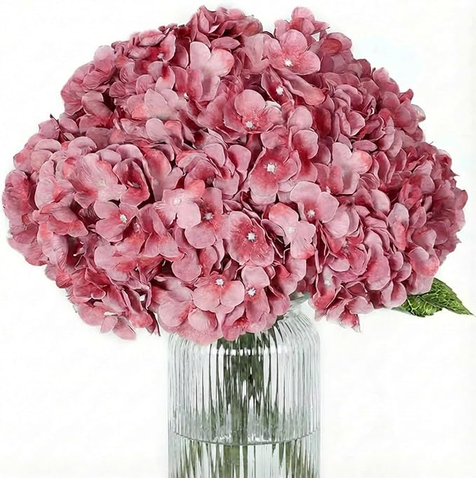 2Bouquets Artificial Fake Flowers Plants Silk Hydrangea Arrangements Wedding Bouquets Decorations Plastic Floral Home Kitchen Garden Party Festival Bar DIY(Grey Pink, 5 Flower Heads)