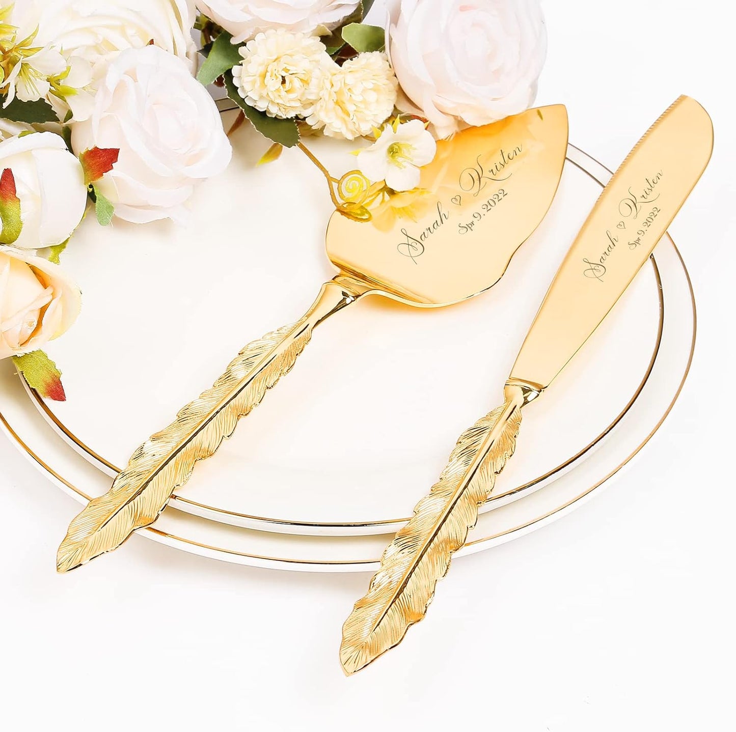 Wedding Cake Knife and Server Set, Personalized Gold Cake Cutting Set for Wedding, Engraved Classic Cake Cutter Set, Pie PastryServer, Birthday Bridal Quinceañera Gift (CUS-Feather)