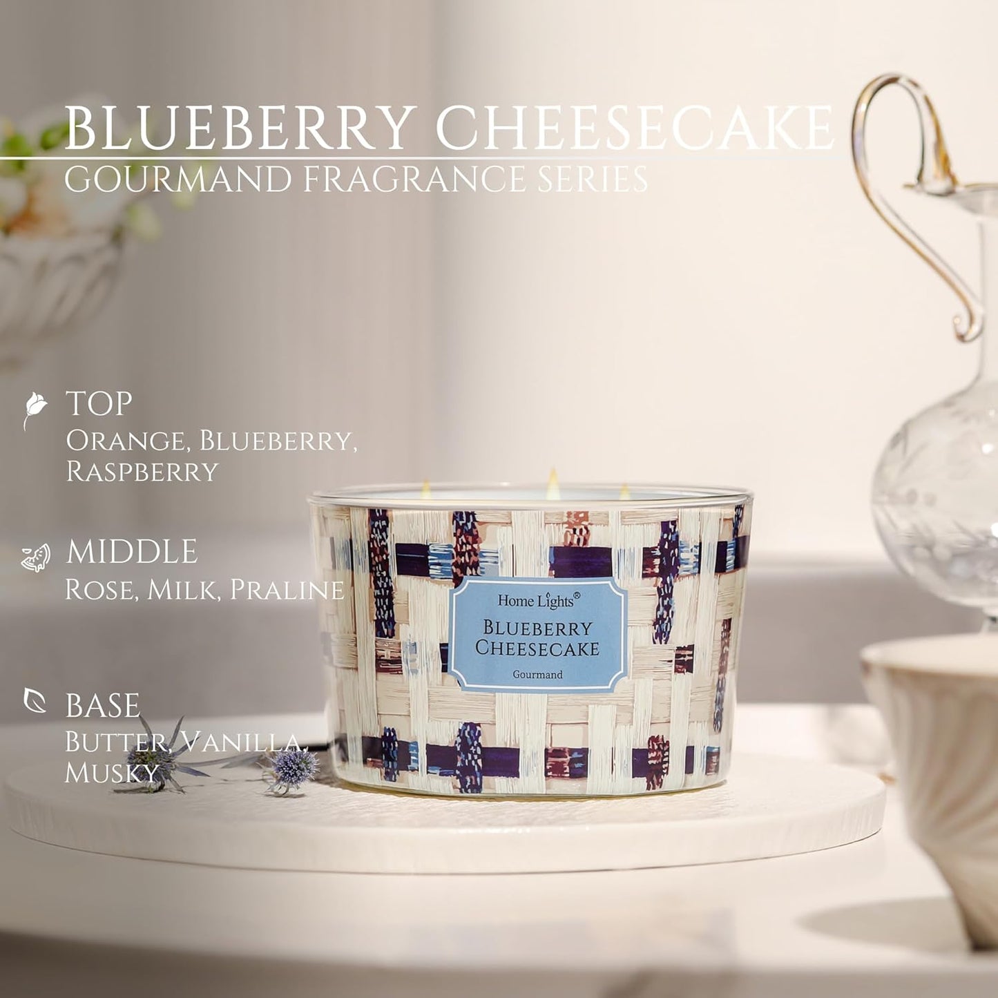 HomeLights Scented Candles for Women & Men, 18oz Candle Jars Aromatherapy 4-Wick Candle, Ideal for Rustic Modern Home Decor and Gifts, Blueberry Cheesecake