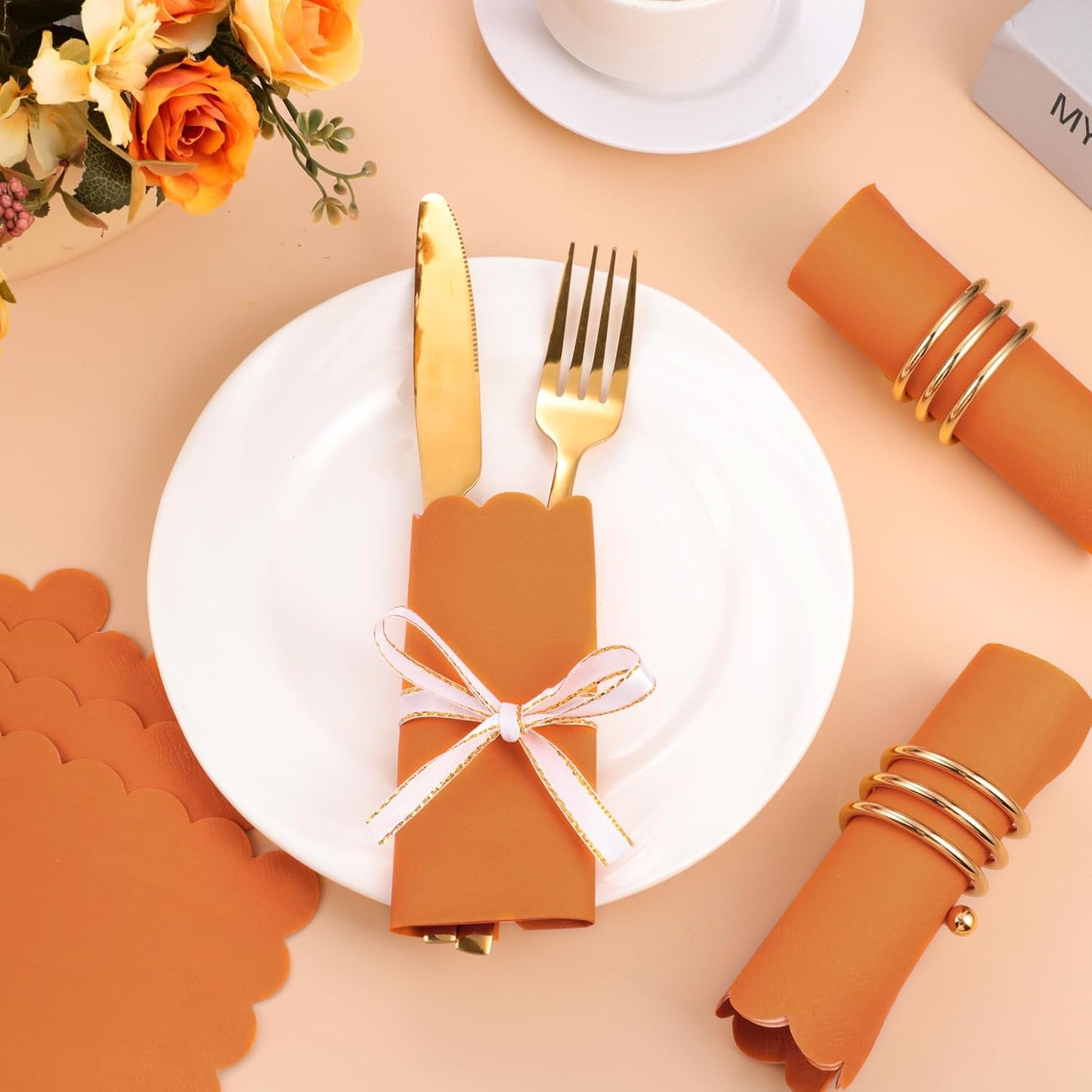 120 Pcs Orange Napkins,Scalloped Thanksgiving Fall Napkins Disposable Orange Dessert Beverage Napkin Burnt Cocktail Napkin for Fall, Thanksgiving，Birthday, 5 x 5 Inch