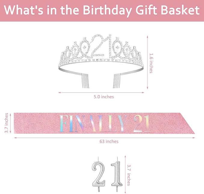21st Birthday Decorations for Her with Pink 21st Birthday Sash and 21 Crown Silver, Candles Silver, Gifts for 21 Year Old Girls