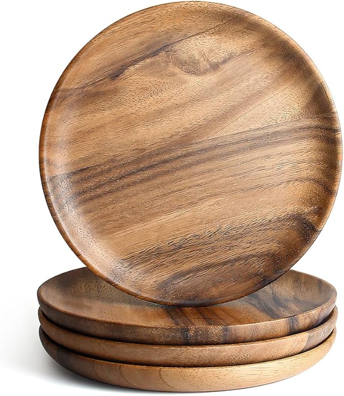 IQCWOOD 4 Pcs Wooden Dinner Plates, 8 Inch Acacia Wood Dinner Plates for Eating Wooden Serving Platter for Food Sandwich Dessert Salad Plate Fruit Platters Round Tray Wood Charger Plate