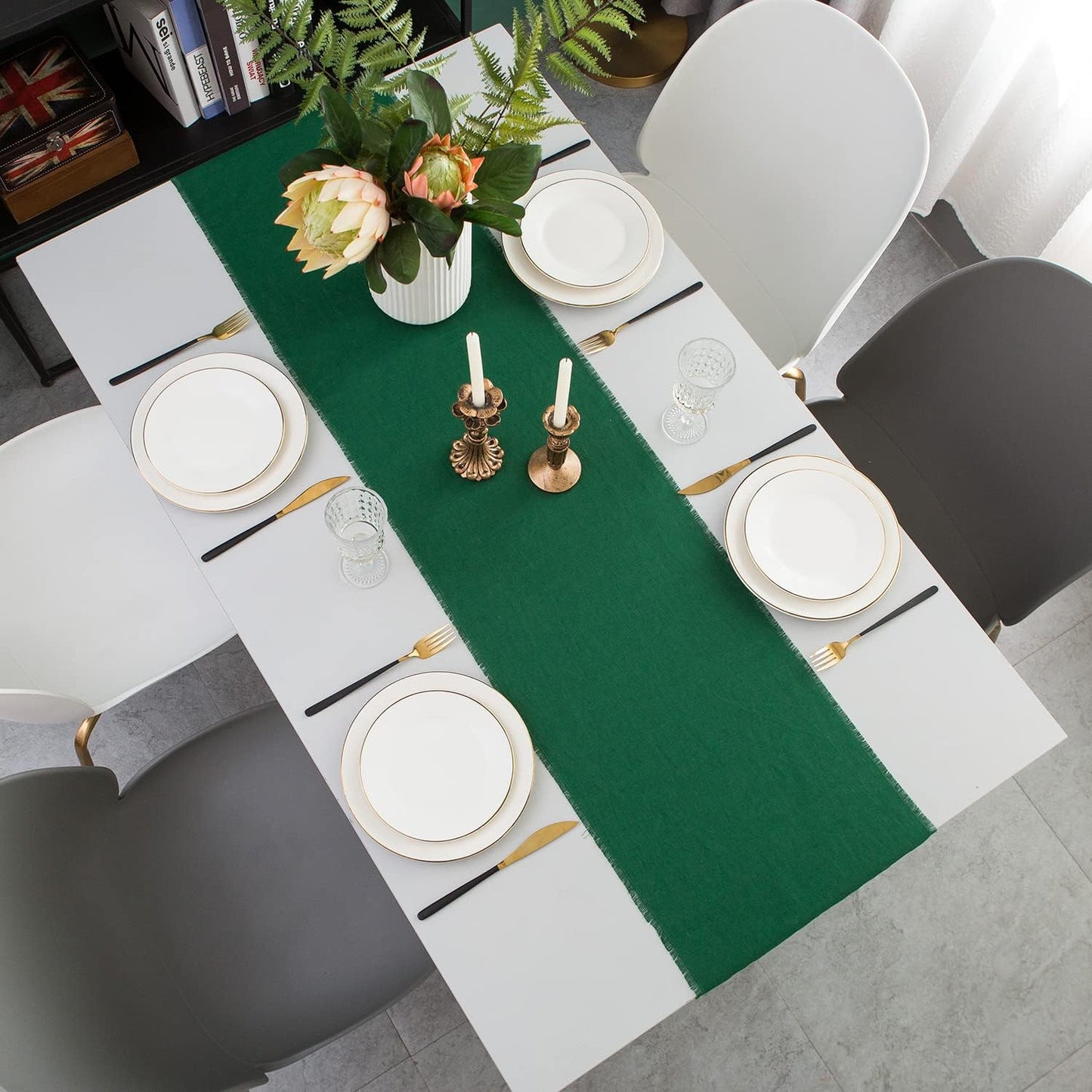 Christmas Table Runner with Fringe- 14x90 Inch Green, 100% Pure Linen Christmas Runner for Table, Green Table Runner for Winter – Machine Washable, Handmade