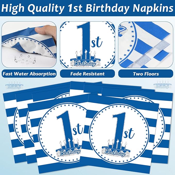 96Pcs Baby First Birthday Party Supplies Boy 1st Birthday Paper Plates Napkins Nautical Blue One Party Decorations Baby Show One Year Old Dinnerware Favor Tableware Serves 24