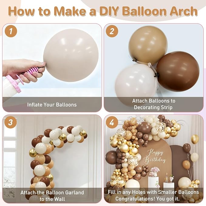 Brown Balloon Garland Arch Kit, 167Pcs Latex Balloons Different Sizes Dark Brown Camel Sand White Metallic Gold for Neutral Bear Baby Shower Safari Birthday Party Decorations
