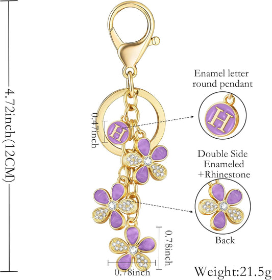 XGALBLA Cute Flower Crystals Rhinestone Initial Letter Keychain for Women, Bag Charms Bling Sparkly Enameled Keychain Handbag