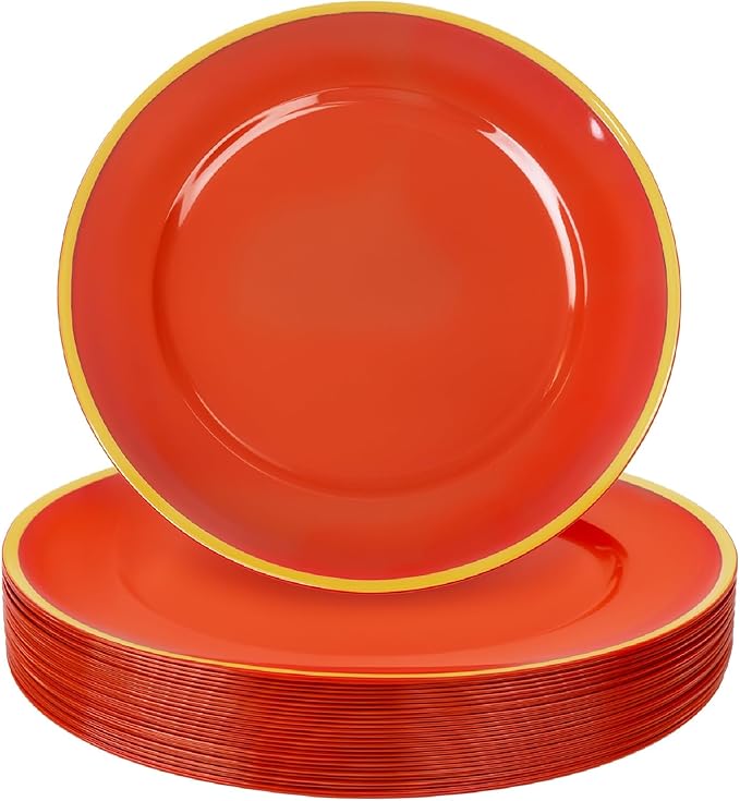 WDF 25PCS Red Plastic Charger Plates - 12inch Red and Gold Chargers for Dinner - Disposable Charge Plates - Perfect for Wedding Baby Shower Spring Birthday Elegant Tabletop Decor