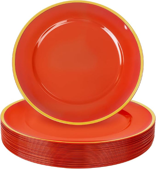 WDF 25PCS Red Plastic Charger Plates - 12inch Red and Gold Chargers for Dinner - Disposable Charge Plates - Perfect for Wedding Baby Shower Spring Birthday Elegant Tabletop Decor