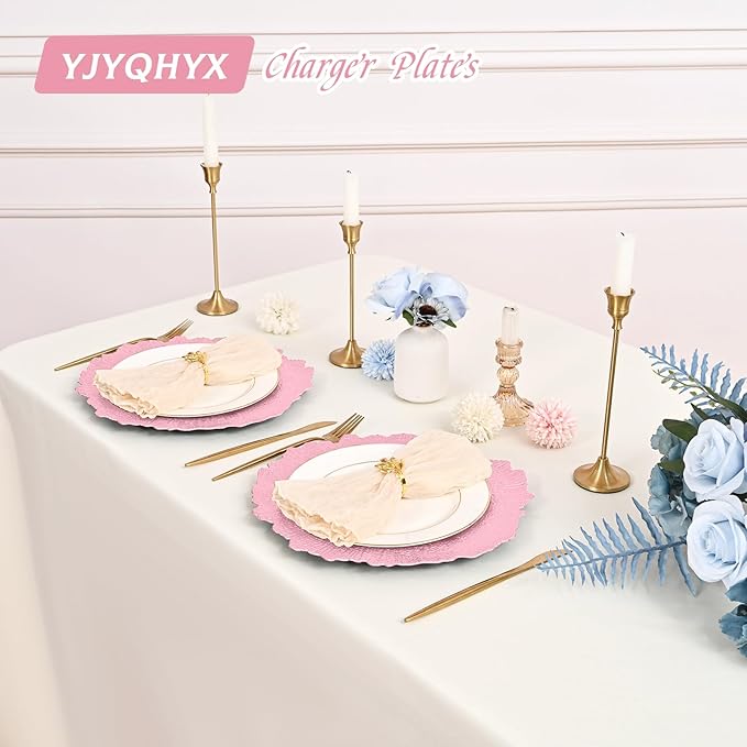 24 Pack Pink Charger Plates Bulk, 13" Plastic Reef Chargers for Dinner Plates, Round Charger Plate with Floral Reef Design for Dinner Wedding Party Table Setting Decoration