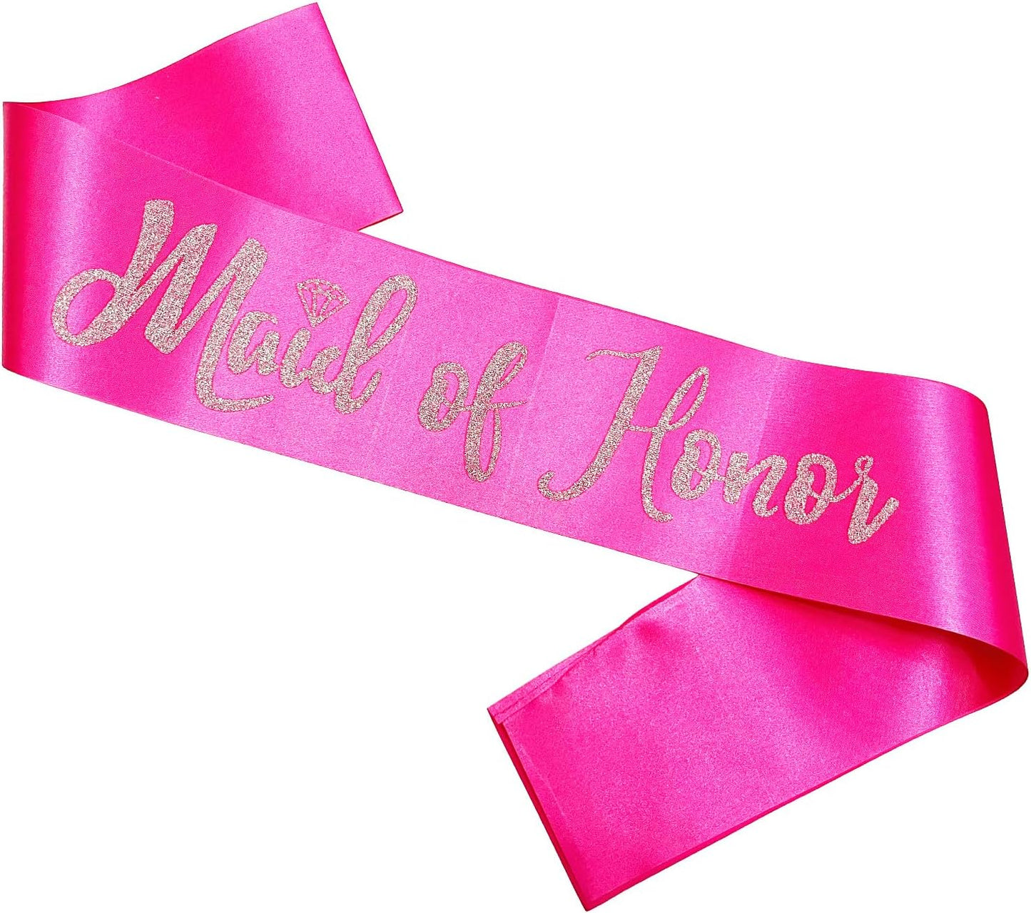 Maid of Honor Sash, Hot Pink Sash with Silver Glitter Letter Bachelorette Party Sash for Bridal Shower Wedding Party Accessories Supplies Engagement Gifts