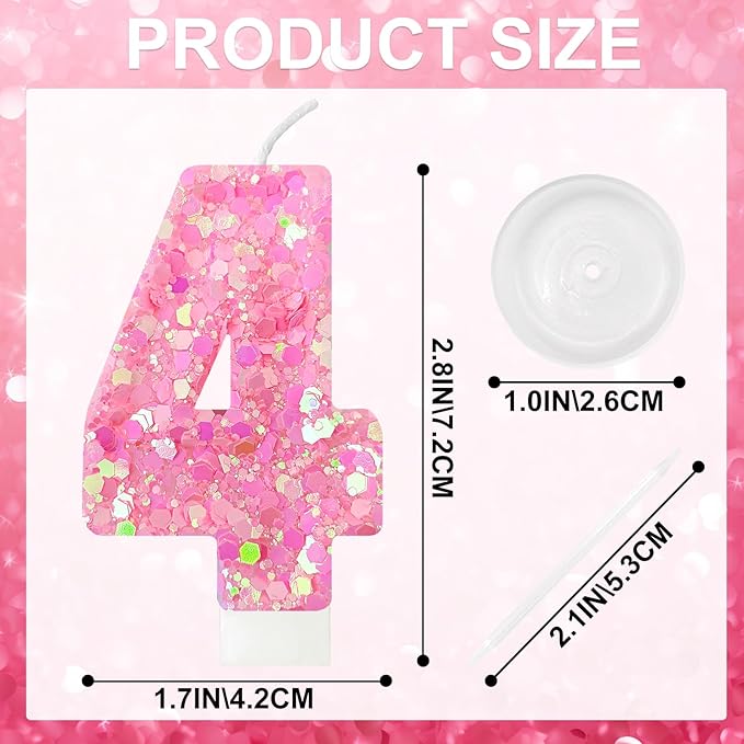Zailo Birthday Number Candles, Glitter Number Candle Cake Decorations with Sequins, Cupcake Decorations for Girls, Women, Party Anniversary Celebrations (Number 4, Light Pink)