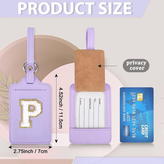 XSUIOY Personalized Initial Luggage Tags, Leather Chenille Letter Cute Luggage Tags with Privacy Name Card, Embroidered Travel Bag Backpack Tags Gifts for Women Kids Girls Teens (Purple, P)