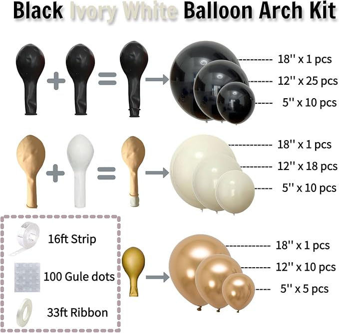 Black White and Gold Balloon Arch Kit – Double Stuffed Balloons in Black, Ivory with Metallic Gold – 5”/12”/18” Balloons for Graduation, Birthday, Retirement, New Year, Balloon Garland Decorations