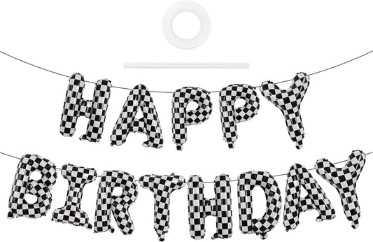 TONIFUL Checkered Happy Birthday Balloons 16 Inch Teal Blue Mylar Foil Letters Birthday Sign Banner Balloon for Girls Boys Kids & Adults Birthday Decorations and Party Supplies