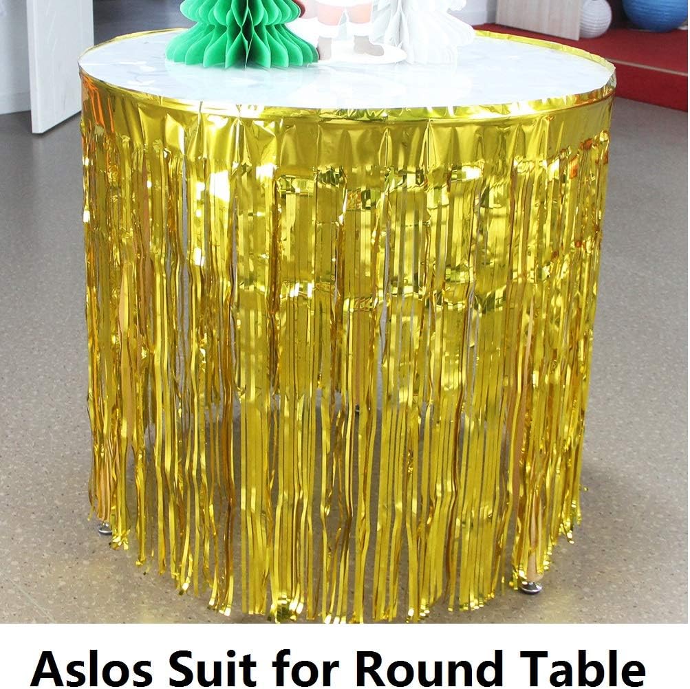 Set of 2 Metallic Foil Fringe Table Skirt 29x108 Inch Tinsel Disposable Skirting for Parade Floats Trailer, Mardi Gras Party, Birthday, Baby Shower, Wedding (Gold)