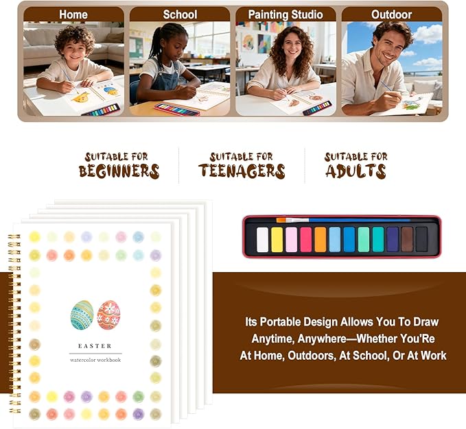 Kivzex Easter Watercolor Workbook for Adults, Beginner Friendly Watercolor Painting Kit Bunny Eggs Water Coloring Book, Nature-Themed Practice Art Gift Water Color Paint Book with Palette and Brush
