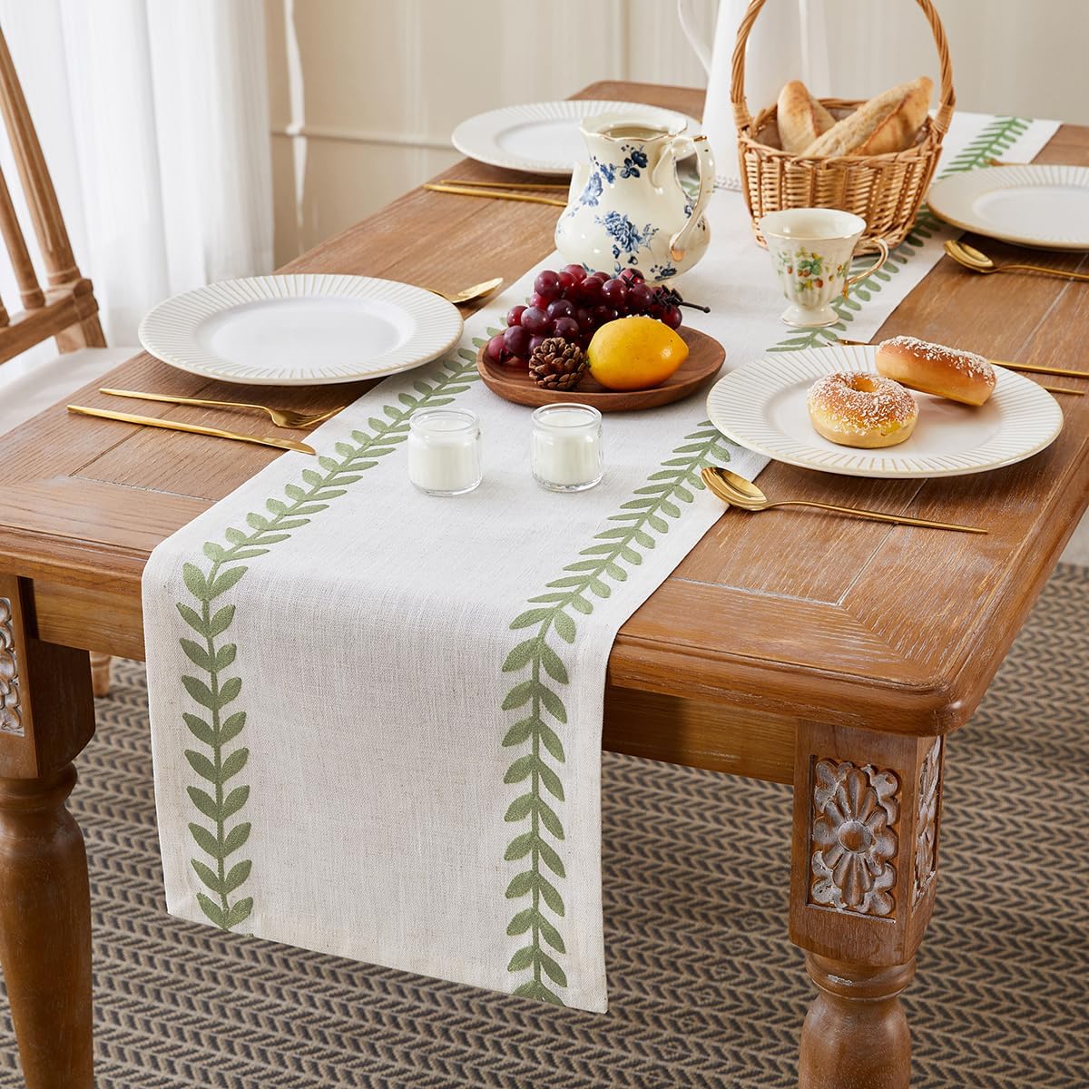Wracra Embroidered Table Runner Irregular Willow Leaf Table Runners 36 Inches Long for Dresser Home Dining Table Decor,14 x 36 Inch, Light Sage Green